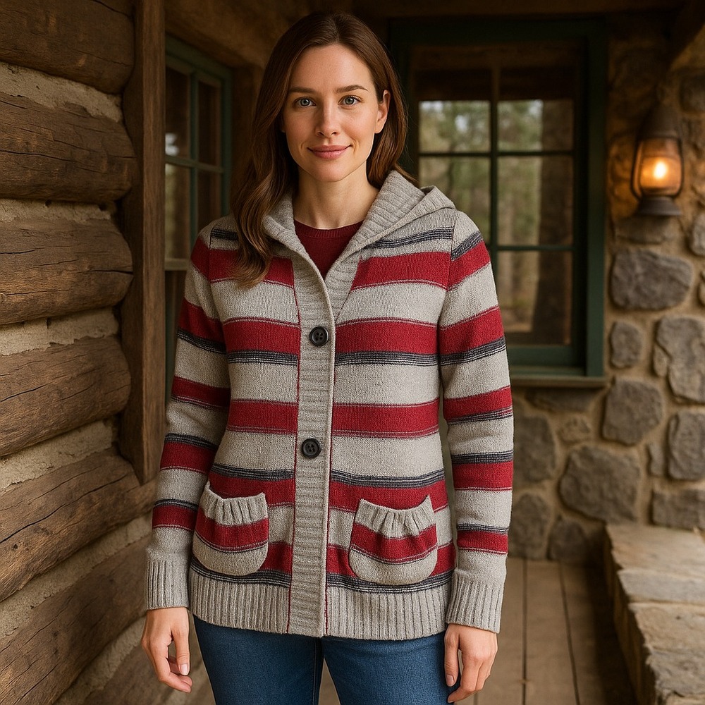 Bob Timberlake Hoodie Sweater Women Large‎ Grey Maroon Stripe Grandpa Lake Cabin
